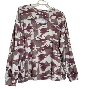 💥2/$15 Meri Skye muted plum cream camouflage cut out neck long sleeve top 3X